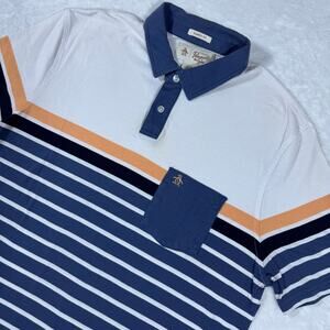 Original Penguin Classic Fit Polo Shirt Men L Short Sleeve Striped Chest Pocket